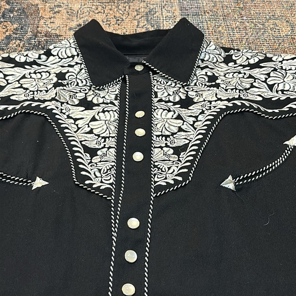 Lansky Bros Floral Embroidered Western Shirt Mens m Black Pearl Snap Rockabilly - Picture 4 of 8